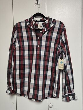 St. John’s Bay Plaid Ruffle Blouse Women’s Large 100% Cotton NWT Jeweled Buttons